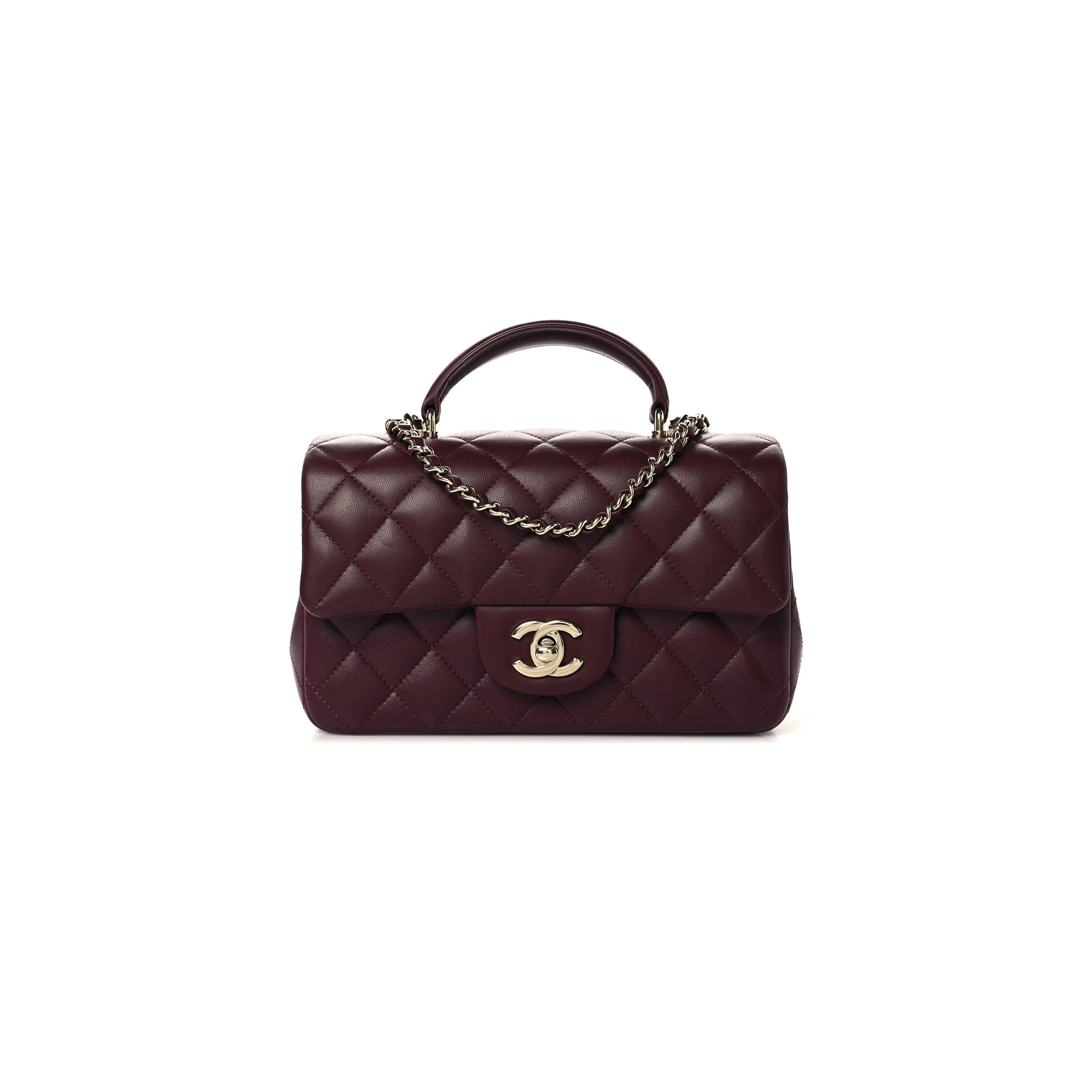 CHANEL MINI RECTANGULAR FLAP BAG WITH TOP HANDLE BURGUNDY LAMBSKIN LIGHT GOLD HARDWARE (20*12*6cm)